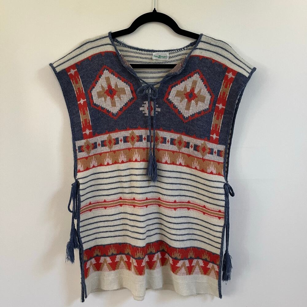 VTG 1970s Sears Jr Bazaar Southwest Knit Poncho Vest Sweater Boho Aztec Lace Up